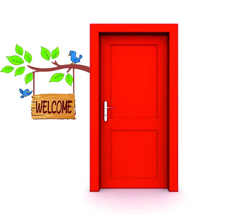 Techgifti ملصق جدار الباب مرحبًا مع شجرة بأوراق خضراء وملصقات طيور متعددة الألوان (الحجم - 52 سم × 51 سم) - Image 5