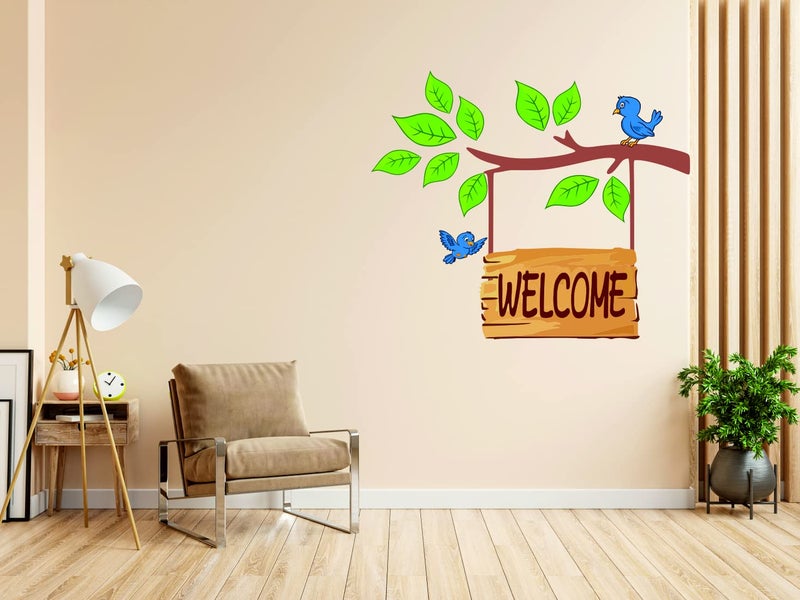 Techgifti ملصق جدار الباب مرحبًا مع شجرة بأوراق خضراء وملصقات طيور متعددة الألوان (الحجم - 52 سم × 51 سم) - Image 4