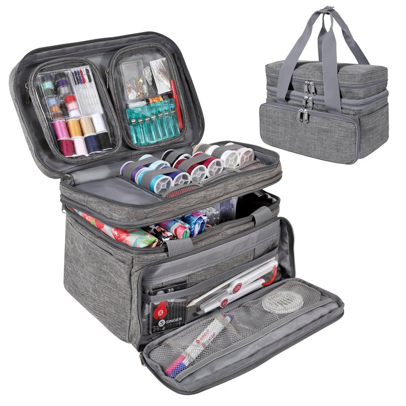 SINGER Sewing Accessories Organizer (Bag Only) â€“ Double Layer Portable Sewing Storage Bag | 2 Detachable Pouches and 18 Compartments, Large Sewing Supplies & Crafting Carry-all (Gray) - Image 1