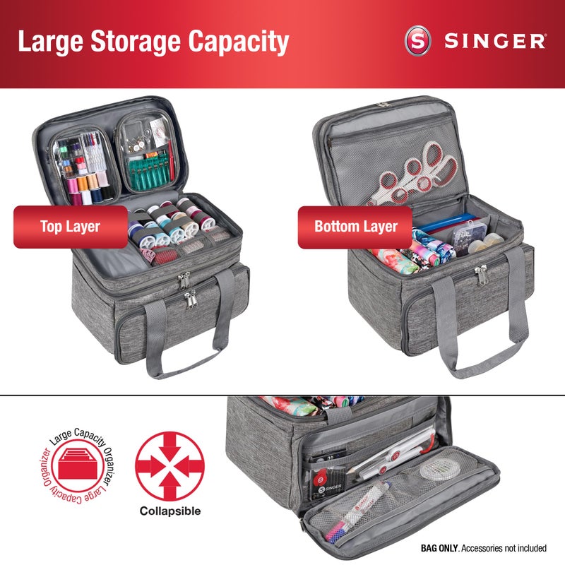 SINGER Sewing Accessories Organizer (Bag Only) â€“ Double Layer Portable Sewing Storage Bag | 2 Detachable Pouches and 18 Compartments, Large Sewing Supplies & Crafting Carry-all (Gray) - Image 2