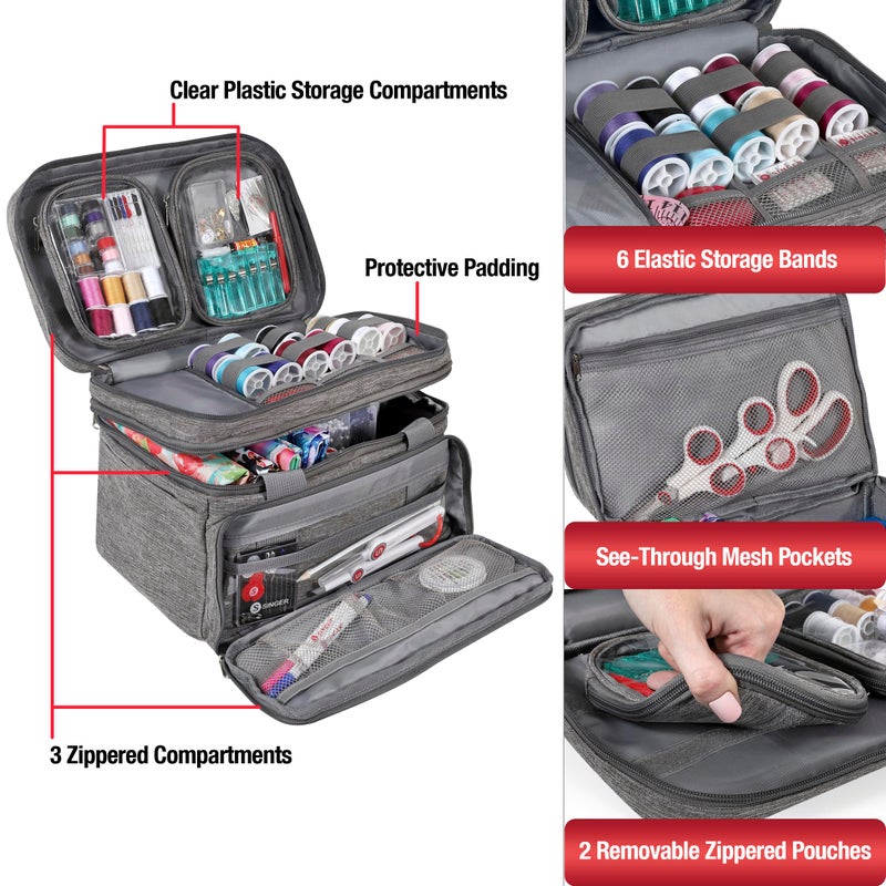 SINGER Sewing Accessories Organizer (Bag Only) â€“ Double Layer Portable Sewing Storage Bag | 2 Detachable Pouches and 18 Compartments, Large Sewing Supplies & Crafting Carry-all (Gray) - Image 4