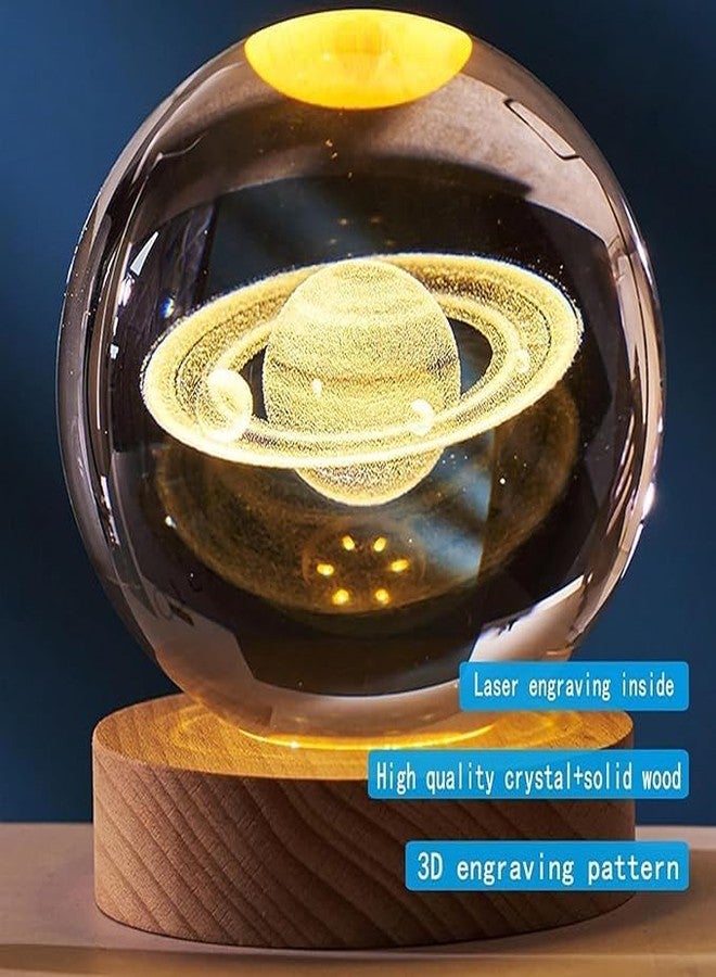 StonSell™ 3D Crystal Globe Lamp Creative Engraved Crystal Ball Night Light USB Table LED Wooden Crystal Ball for Home Office Decoration Birthday Gift Adults (Warm White) (Planet) - Image 2