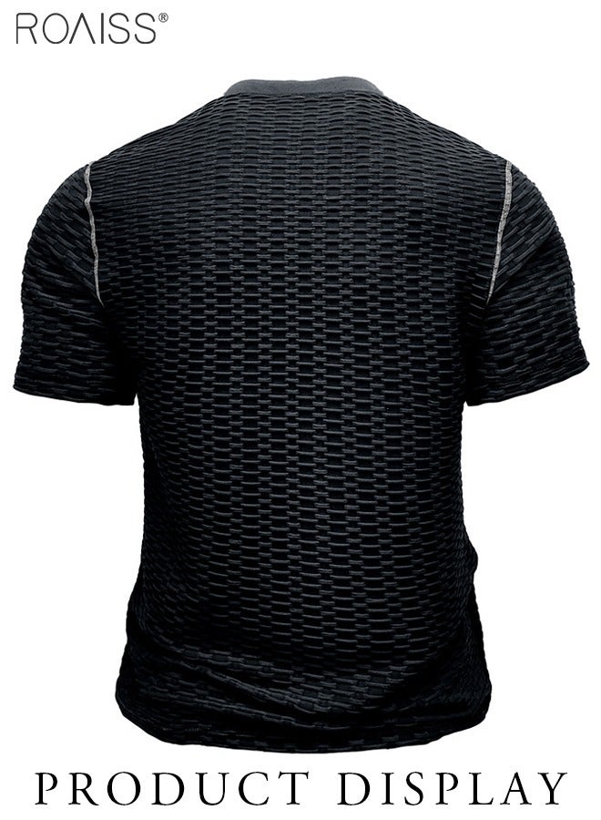 roaiss Mens Waffle Henley Shirt Summer Casual Slim Fit Short Sleeve Button Up Muscle T Shirts Gym Workout Performance Shirts  - Image 4