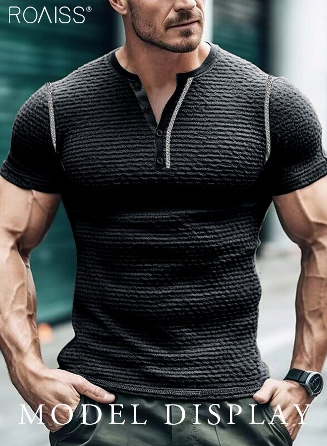 roaiss Mens Waffle Henley Shirt Summer Casual Slim Fit Short Sleeve Button Up Muscle T Shirts Gym Workout Performance Shirts  - Image 2