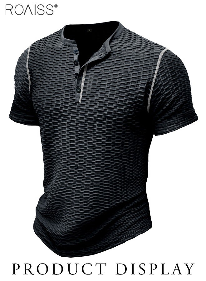roaiss Mens Waffle Henley Shirt Summer Casual Slim Fit Short Sleeve Button Up Muscle T Shirts Gym Workout Performance Shirts  - Image 1