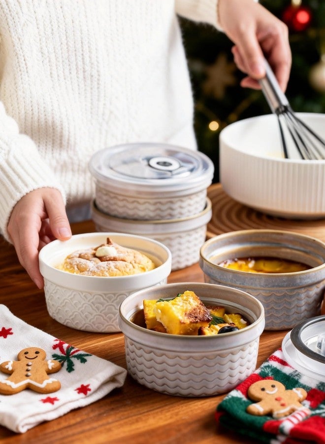 MISSYSSIM Ceramic Small Baking Dishes for Oven, 12oz Meal Prep Containers Charcuterie Bowls with Lids, Creme Brulee Ramekins Set, Pudding Custard Cups Fruit Souffle Bowls Set of 4, Grey Ripple - Image 2