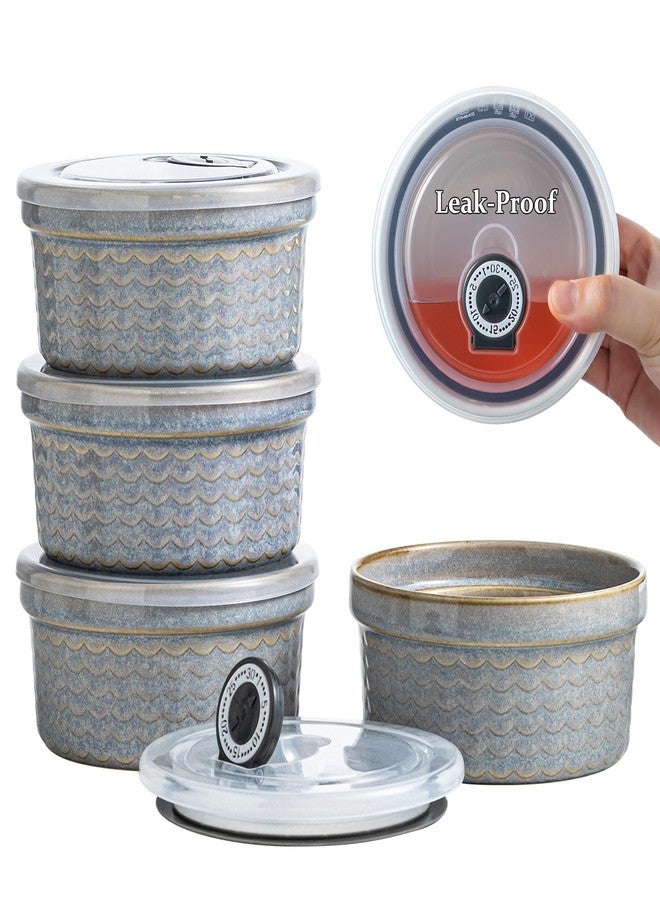 MISSYSSIM Ceramic Small Baking Dishes for Oven, 12oz Meal Prep Containers Charcuterie Bowls with Lids, Creme Brulee Ramekins Set, Pudding Custard Cups Fruit Souffle Bowls Set of 4, Grey Ripple - Image 1