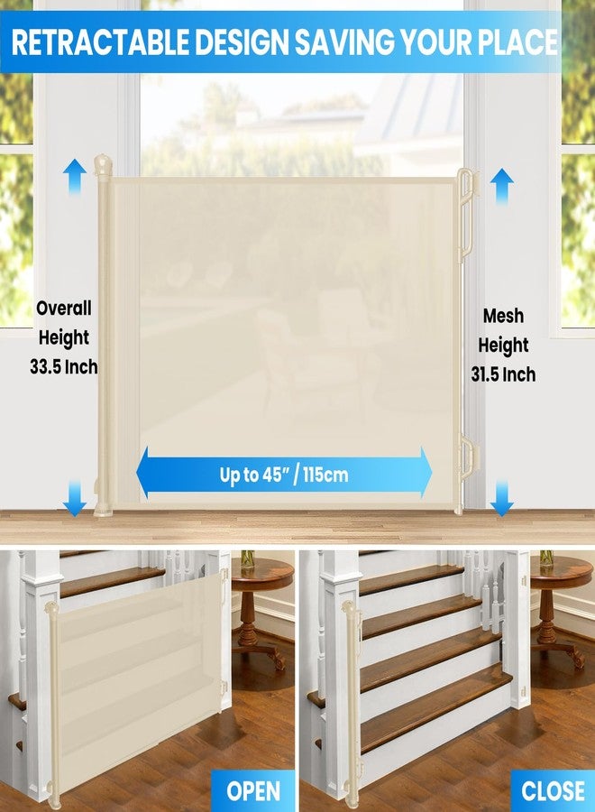 SPACEANY Retractable Safety Baby Gate or Mesh Dog Gate,Durable Portable Mesh Retractable Gate,Easy to Use for Stairs, Doorways, Hallways, Indoor, Outdoor, 33.5" Tall, Up to 45" Wide, Cream - Image 2
