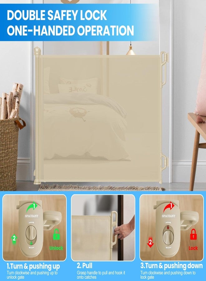 SPACEANY Retractable Safety Baby Gate or Mesh Dog Gate,Durable Portable Mesh Retractable Gate,Easy to Use for Stairs, Doorways, Hallways, Indoor, Outdoor, 33.5" Tall, Up to 45" Wide, Cream - Image 5