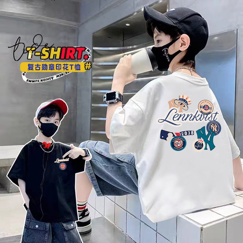 Summer Boys' Pure Cotton Short-Sleeve T-Shirt 2026 New Style For Older Children, Stylish Streetwear Summer Thin Half-Sleeve Tee Trendy - Image 1