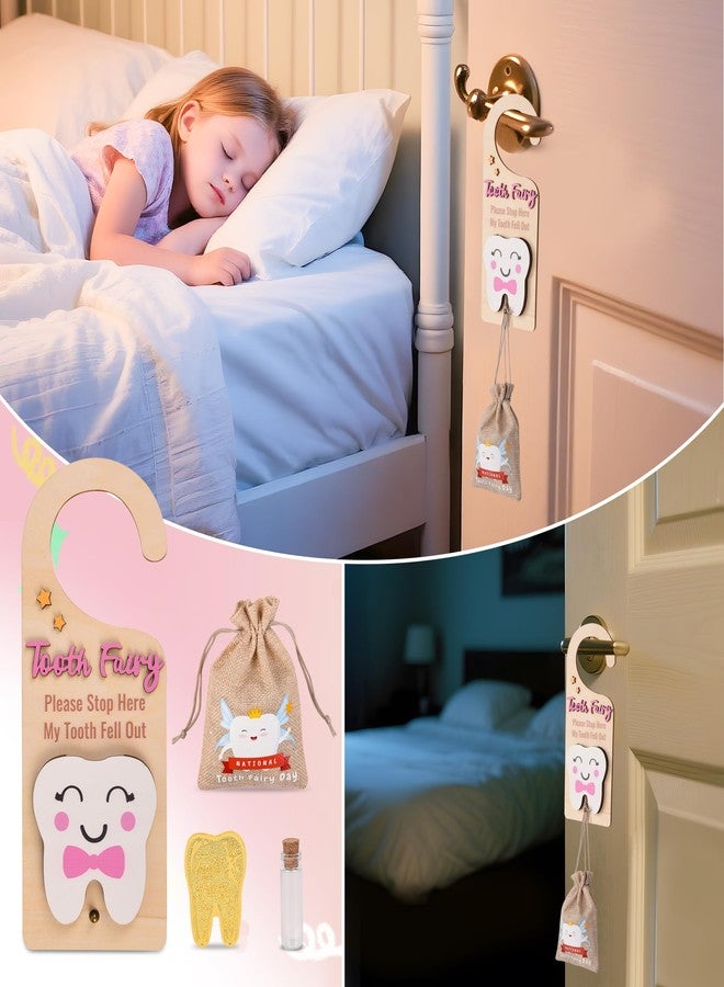 LALADUCK Wooden Tooth Fairy Door Hanger with Cute Coins Holder Gift for Lost Teeth Kids Tooth Fairy Pick up Box for Lost Tooth Kids Gifts Pink - Image 3