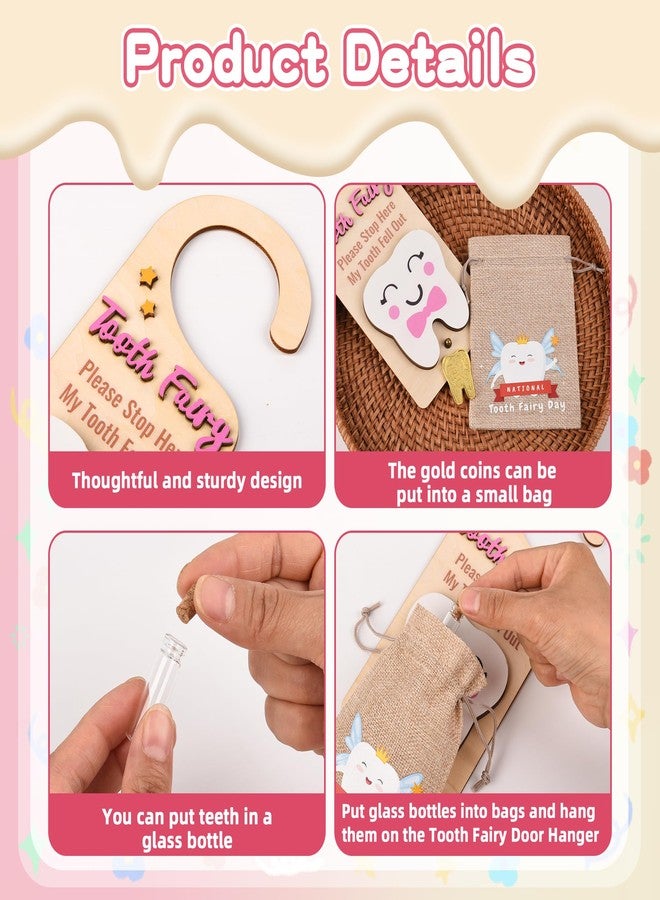 LALADUCK Wooden Tooth Fairy Door Hanger with Cute Coins Holder Gift for Lost Teeth Kids Tooth Fairy Pick up Box for Lost Tooth Kids Gifts Pink - Image 4