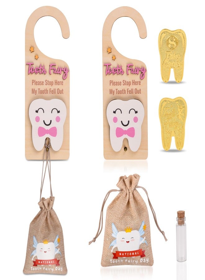 LALADUCK Wooden Tooth Fairy Door Hanger with Cute Coins Holder Gift for Lost Teeth Kids Tooth Fairy Pick up Box for Lost Tooth Kids Gifts Pink - Image 1
