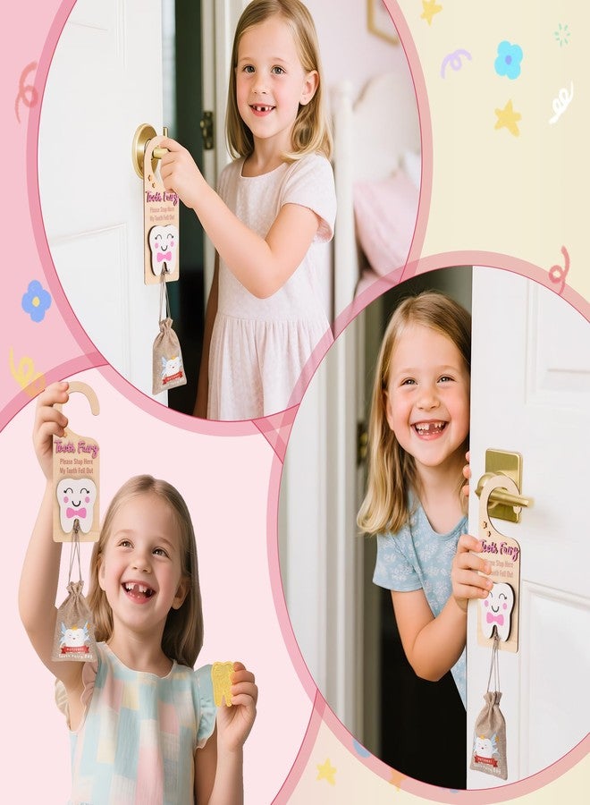 LALADUCK Wooden Tooth Fairy Door Hanger with Cute Coins Holder Gift for Lost Teeth Kids Tooth Fairy Pick up Box for Lost Tooth Kids Gifts Pink - Image 5