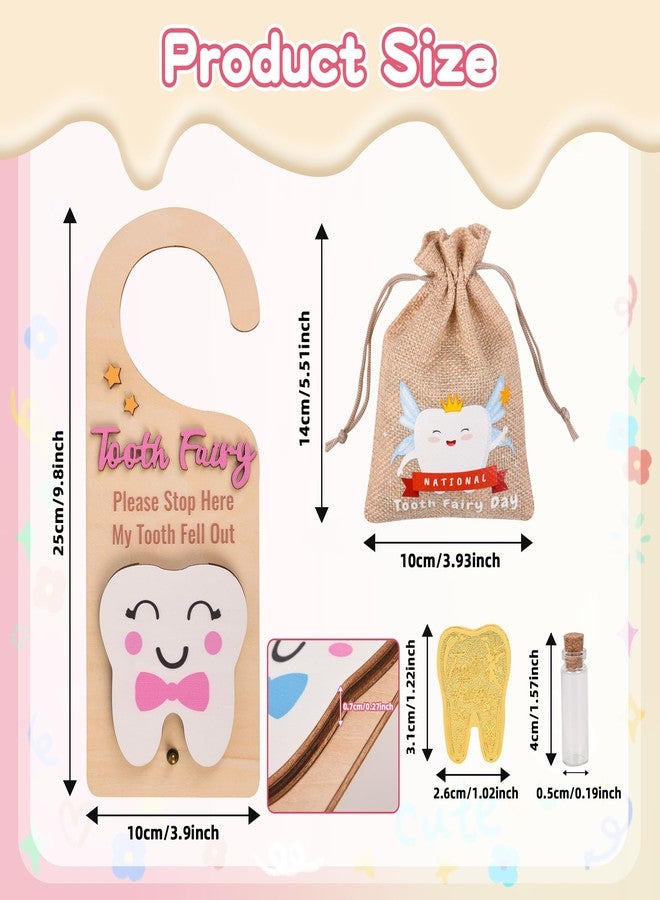 LALADUCK Wooden Tooth Fairy Door Hanger with Cute Coins Holder Gift for Lost Teeth Kids Tooth Fairy Pick up Box for Lost Tooth Kids Gifts Pink - Image 2