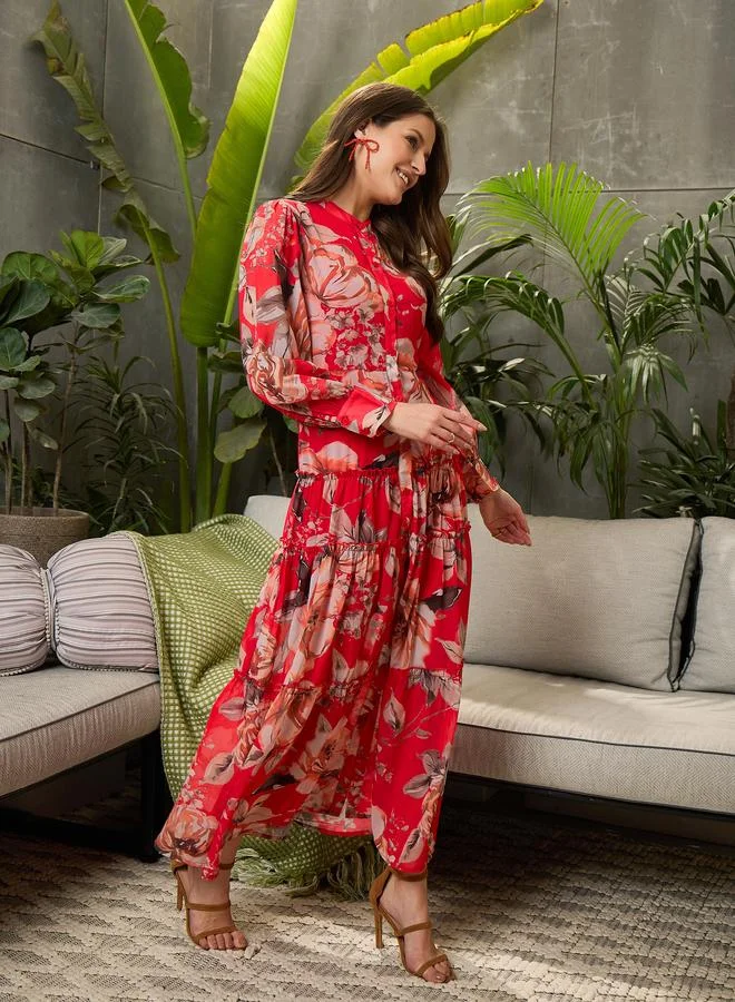 SASSAFRAS Sassafras Red Floral Front Button Placket Maxi Dress