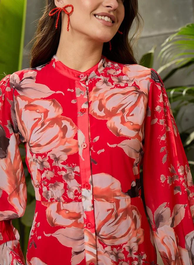 SASSAFRAS Sassafras Red Floral Front Button Placket Maxi Dress