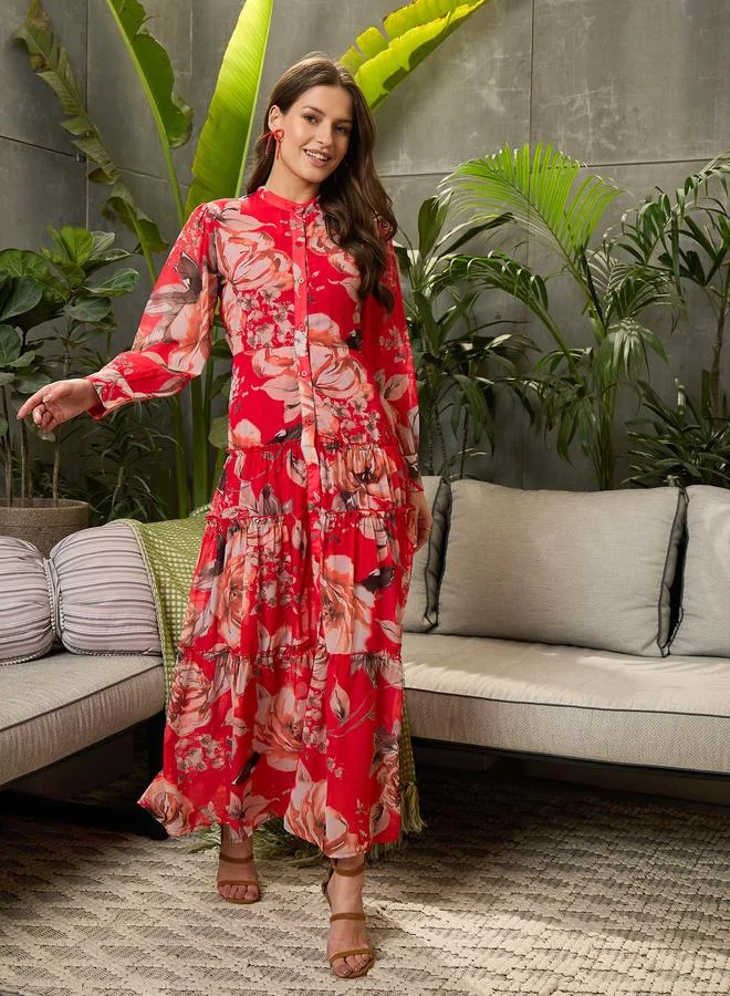 SASSAFRAS Sassafras Red Floral Front Button Placket Maxi Dress