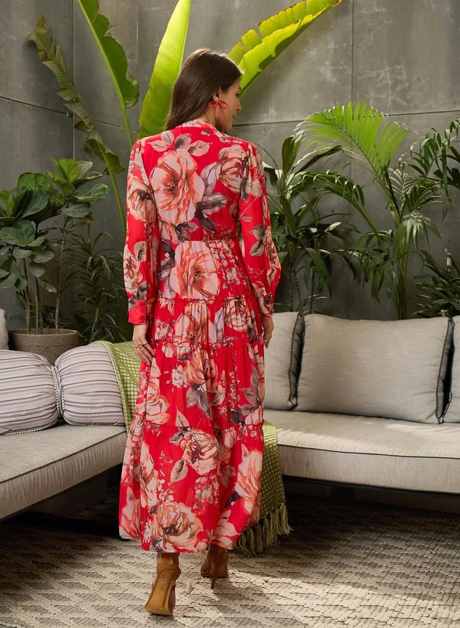 SASSAFRAS Sassafras Red Floral Front Button Placket Maxi Dress