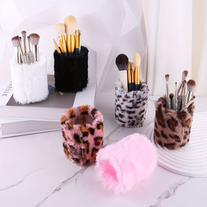 Pink Leopard Print Cosmetic Brush Holder Plush Storage for Desk Decor - Image 1