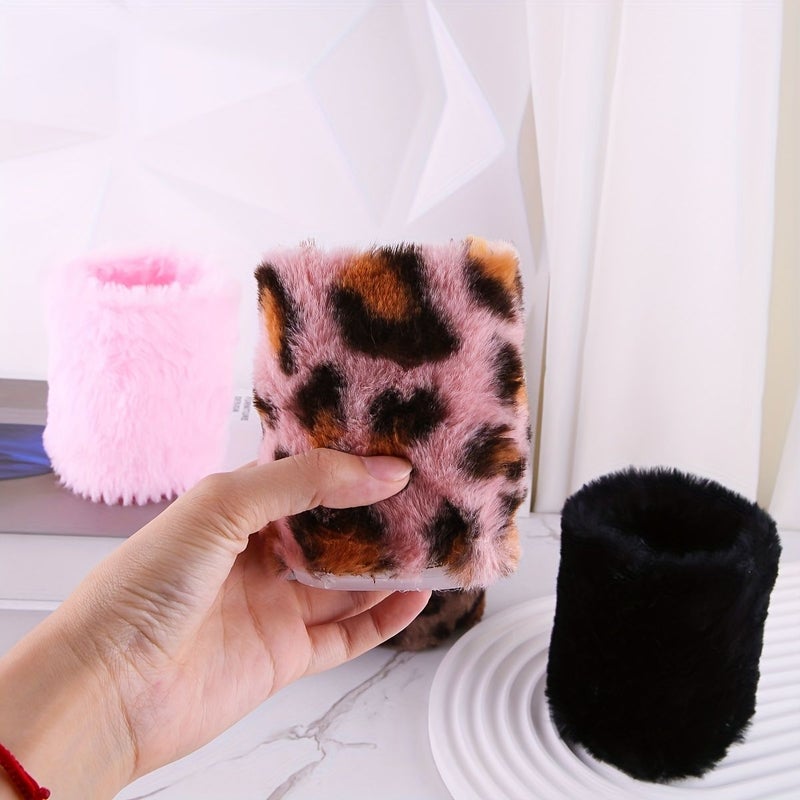 Pink Leopard Print Cosmetic Brush Holder Plush Storage for Desk Decor - Image 4