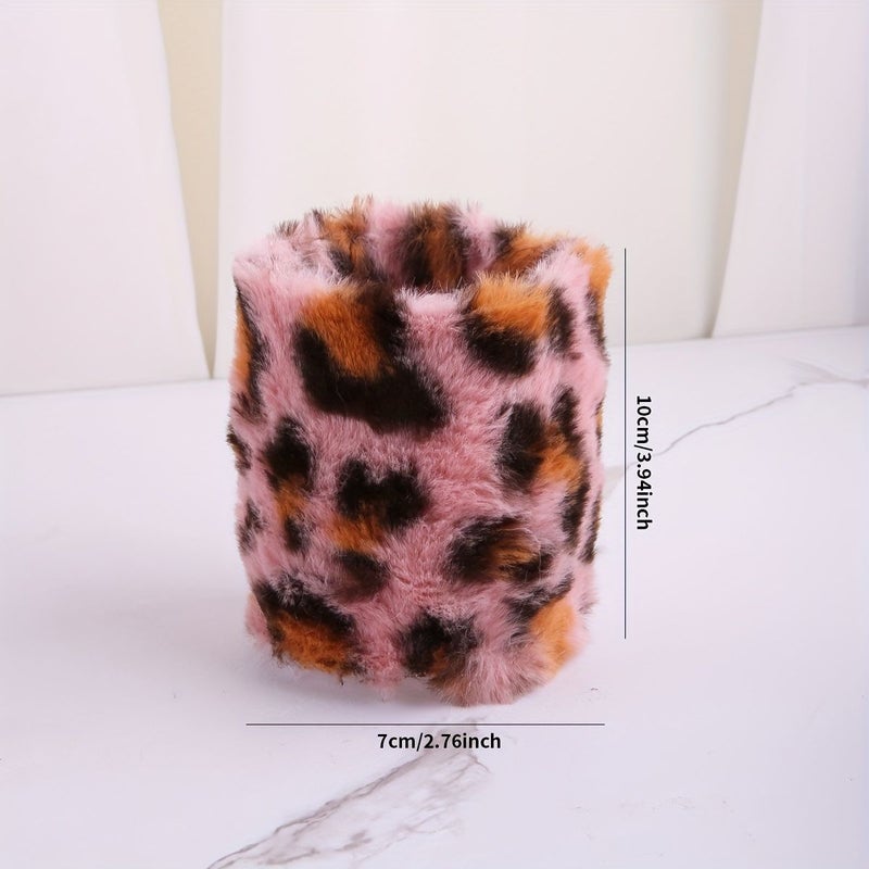 Pink Leopard Print Cosmetic Brush Holder Plush Storage for Desk Decor - Image 3