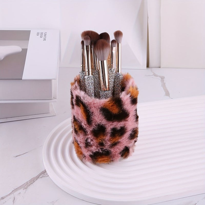 Pink Leopard Print Cosmetic Brush Holder Plush Storage for Desk Decor - Image 5