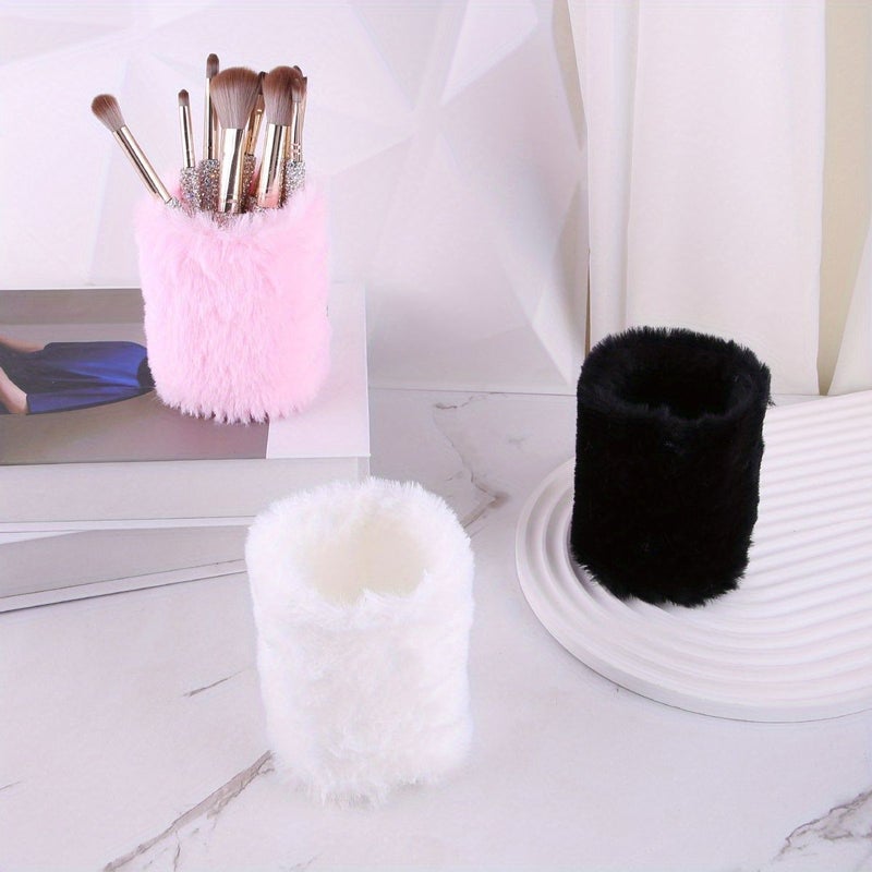 Pink Leopard Print Cosmetic Brush Holder Plush Storage for Desk Decor - Image 2