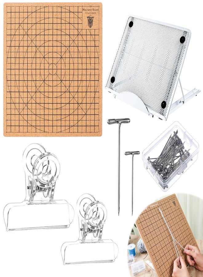 Lemecima 104 Pcs Macrame Board and Metal Adjustable Holder with T Pins Clips Macrame Supplies Double Sided Grids Macrame Project Board Macrame Tools for Braiding Cording Bracelet (11.8 x 11.8 Inch) - Image 1