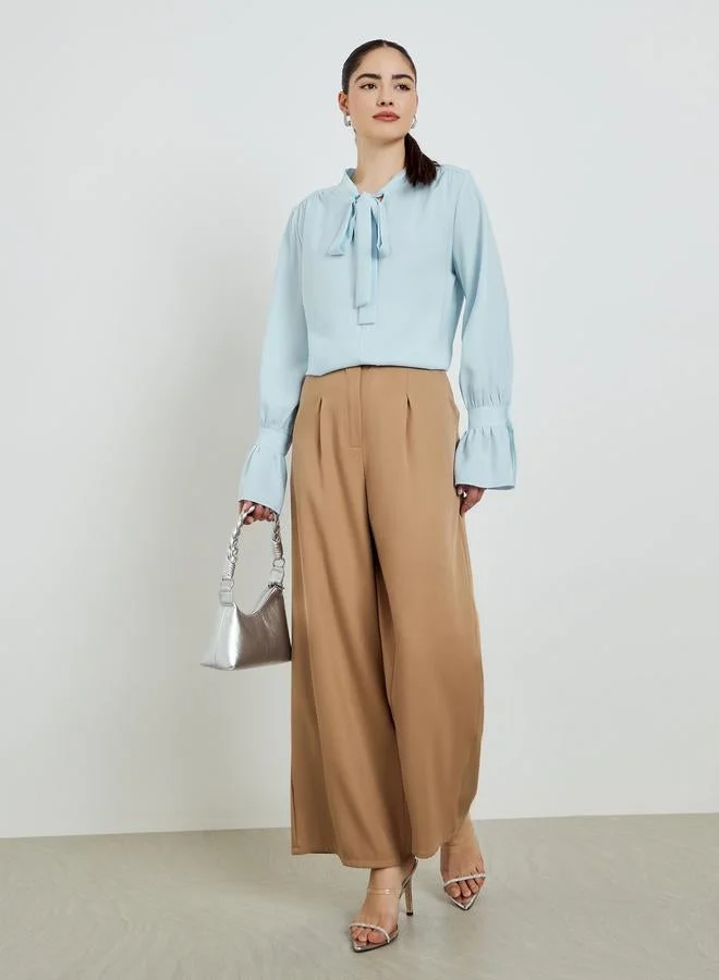 Styli Blue Tie-Up Neck Long Sleeve Blouse