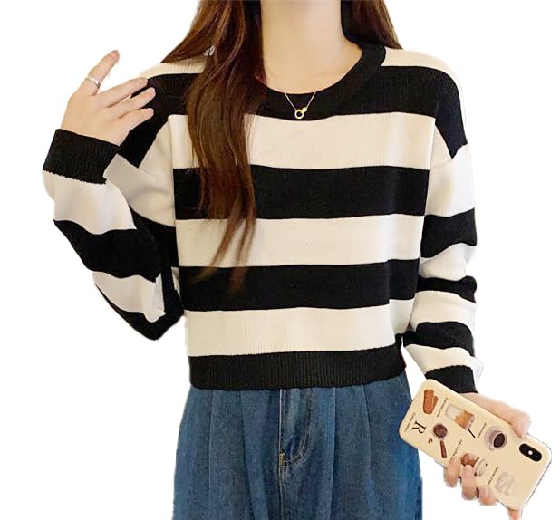 ICW Women's Lazy Style Knitted Woolen Long Sleeve Round Neck Striped Crop Top T-Shirt DN113 (White) - Image 1