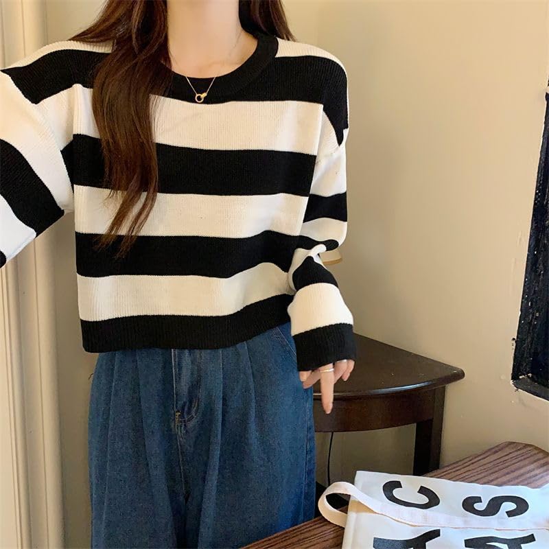 ICW Women's Lazy Style Knitted Woolen Long Sleeve Round Neck Striped Crop Top T-Shirt DN113 (White) - Image 2