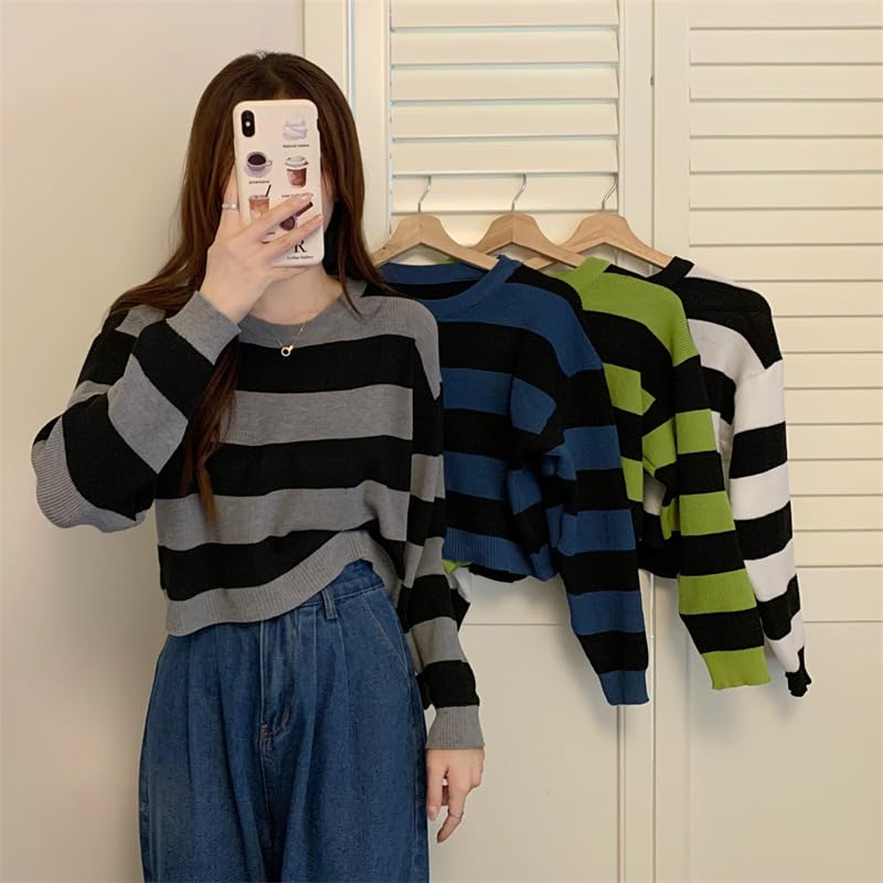 ICW Women's Lazy Style Knitted Woolen Long Sleeve Round Neck Striped Crop Top T-Shirt DN113 (White) - Image 3