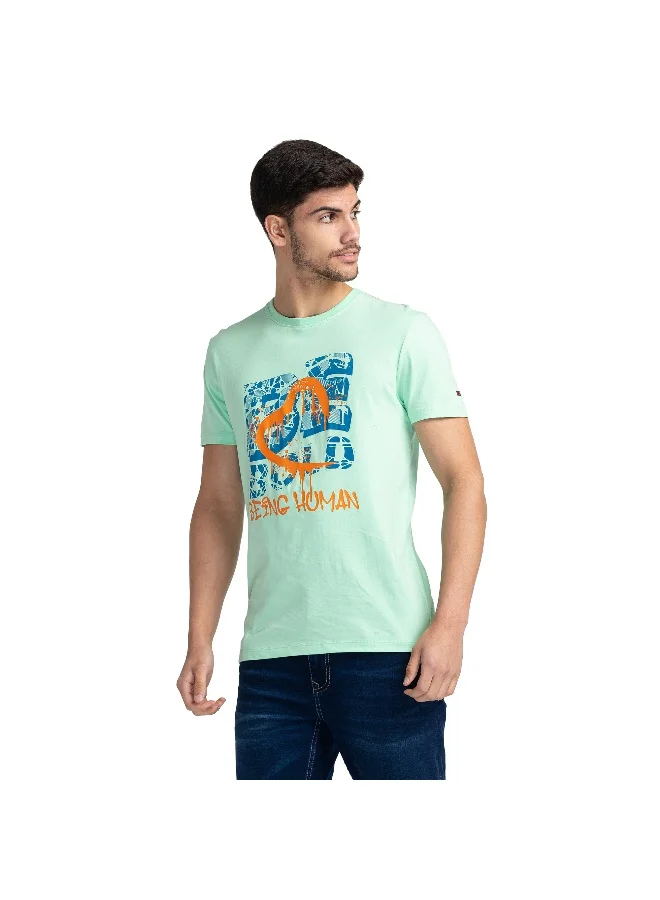 بيينغ هيومان Mens Aqua Green Round Neck Short Sleeve T-Shirt