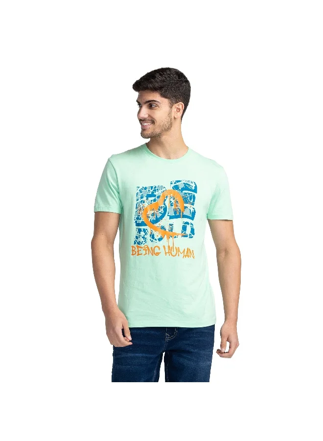 بيينغ هيومان Mens Aqua Green Round Neck Short Sleeve T-Shirt