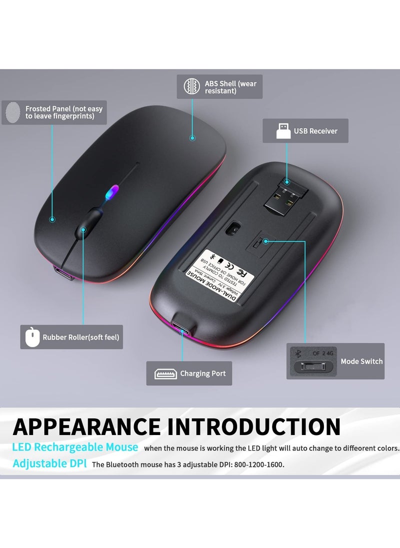 Yakiter - LED RGB Wireless Bluetooth Mouse, Bluetooth 5.1 + USB, 2.4GHz Rechargeable Silent Bluetooth Wireless Mouse, Computer Mice with USB Receiver(Black) - Image 1