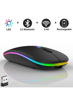 ياكيتر ماوس بلوتوث لاسلكي LED RGB ، بلوتوث 5.1 + USB ، ماوس لاسلكي بلوتوث صامت قابل لإعادة الشحن 2.4 جيجا هرتز ، ماوس كمبيوتر مع جهاز استقبال USB (أسود)  - Image 1