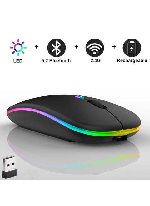 LED RGB Wireless Bluetooth Mouse, Bluetooth 5.1 + USB, 2.4GHz Rechargeable Silent Bluetooth Wireless Mouse, Computer Mice with USB Receiver(Black)