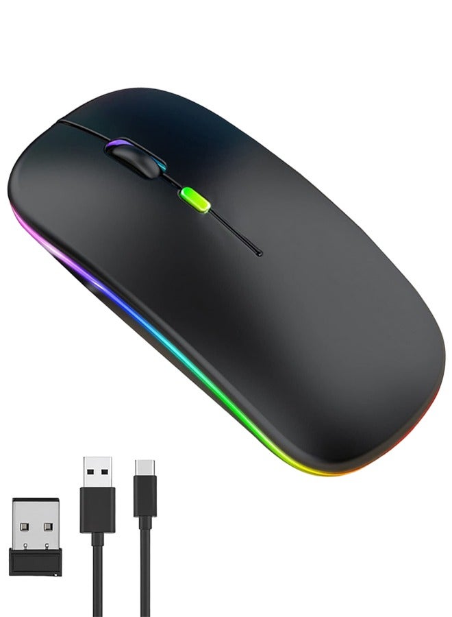 ياكيتر ماوس بلوتوث لاسلكي LED RGB ، بلوتوث 5.1 + USB ، ماوس لاسلكي بلوتوث صامت قابل لإعادة الشحن 2.4 جيجا هرتز ، ماوس كمبيوتر مع جهاز استقبال USB (أسود) - Image 1