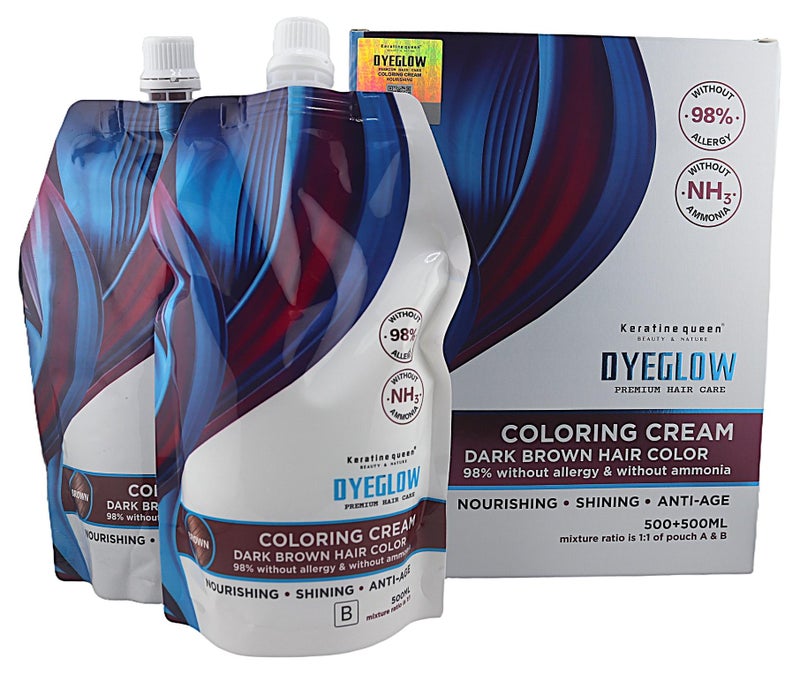 Keratine Queen Dyeglow Dark Brown Hair Coloring Cream (Ammonia-Free) – 500ml + 500ml  Dyeglow delivers rich, natural black hair color without ammonia and without irritation. Its nourishing formula with anti-aging benefits leaves hair shiny, smooth, and deeply hydrated. Ideal for sensitive scalp and frequent coloring.