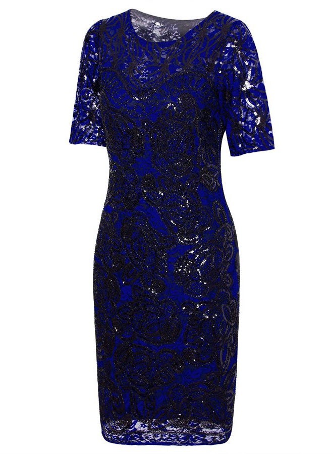 Vijiv Vintage 1920s Gatsby Sequin Beaded Lace Cocktail Party Flapper Dress with Sleeves, Blue, L - Image 3