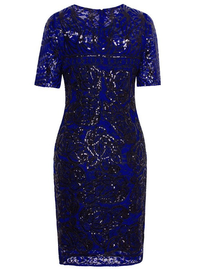 Vijiv Vintage 1920s Gatsby Sequin Beaded Lace Cocktail Party Flapper Dress with Sleeves, Blue, L - Image 4