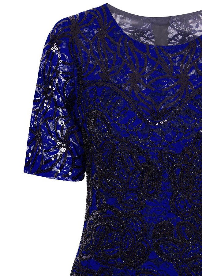 Vijiv Vintage 1920s Gatsby Sequin Beaded Lace Cocktail Party Flapper Dress with Sleeves, Blue, L - Image 5