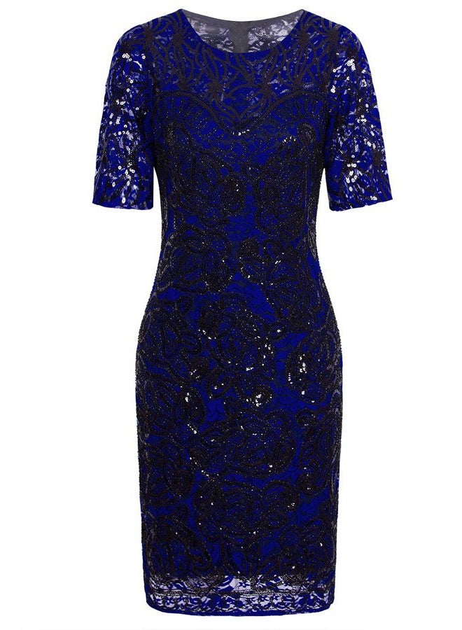 Vijiv Vintage 1920s Gatsby Sequin Beaded Lace Cocktail Party Flapper Dress with Sleeves, Blue, L - Image 1