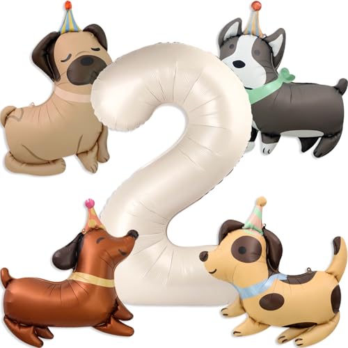 Tagberoy Animal Dog Balloons Puppy Balloon 40 Inch Cream White Number 2 Balloons for Dog 2nd Birthday Decorations Dogs Birthday Party Supplies - Image 1