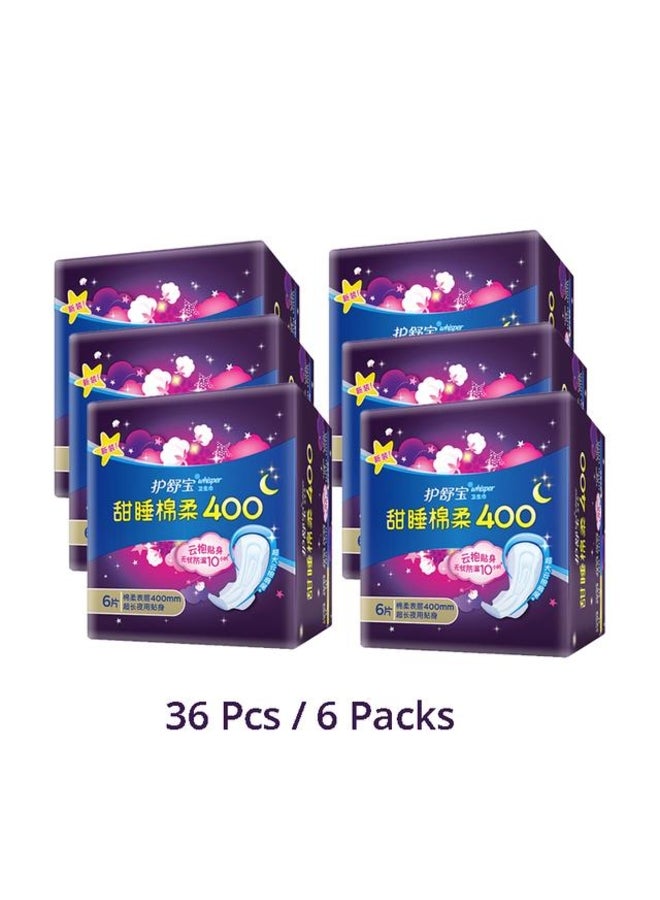 Whisper 6 packs Whipser Night Use Sanitary Napkin with Wiings 400mm Sanitary Pad Breathable & Leak-proof Super Abosrbency Soft Cotton Material
