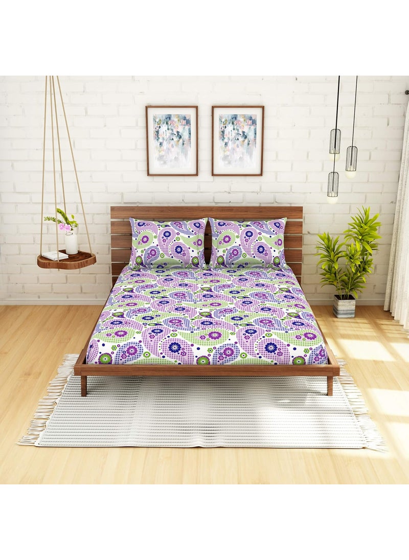 SPACES Spaces Printed Super Soft Cotton,104 Thread Count Double Bed Sheet (224 X 254 cm) with 2 Pillow Covers (43 X 68 cm) | Premium Fabric | I Machine Washable I Modern Print |, Purple (Amentiri)  - Image 1