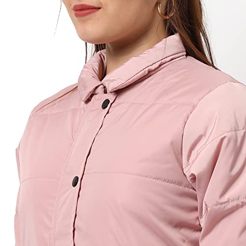 Campus Sutra Women Pink Puffer Regular Fit Bomber Jacket For Winter Wear | Standing Collar | Full Sleeve | Buttoned | Casual Jacket For Woman & Girl | Western Stylish Jacket For Women - Image 4