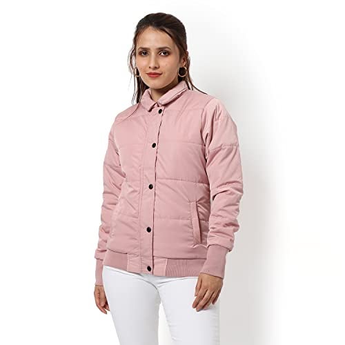 Campus Sutra Women Pink Puffer Regular Fit Bomber Jacket For Winter Wear | Standing Collar | Full Sleeve | Buttoned | Casual Jacket For Woman & Girl | Western Stylish Jacket For Women - Image 2
