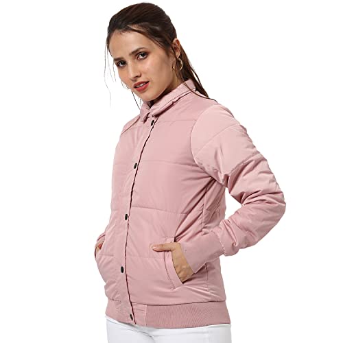 Campus Sutra Women Pink Puffer Regular Fit Bomber Jacket For Winter Wear | Standing Collar | Full Sleeve | Buttoned | Casual Jacket For Woman & Girl | Western Stylish Jacket For Women - Image 1